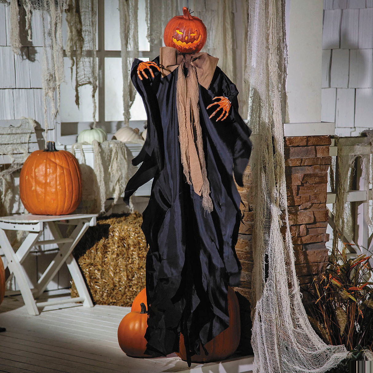 47 1/4" Animated Hanging Pumpkin Man in Black Cloak Halloween Decoration