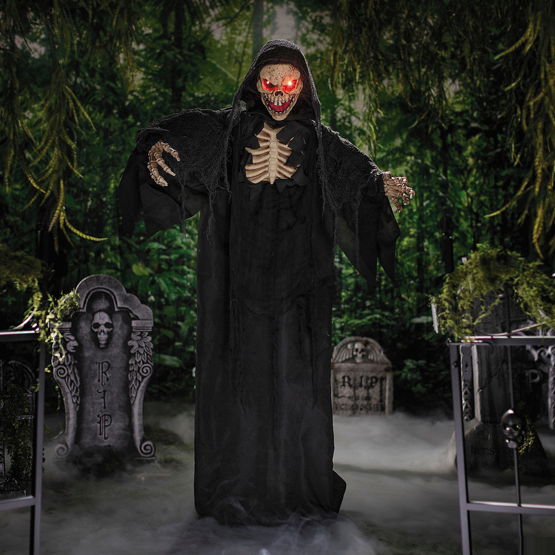 Animated Standing Skeleton Reaper with Cloak for Halloween Decorations and Spooky Outdoor Displays