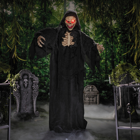 5 Ft. 10 3/4" Animated Standing Skeleton Reaper with Black Cloak Halloween Decoration