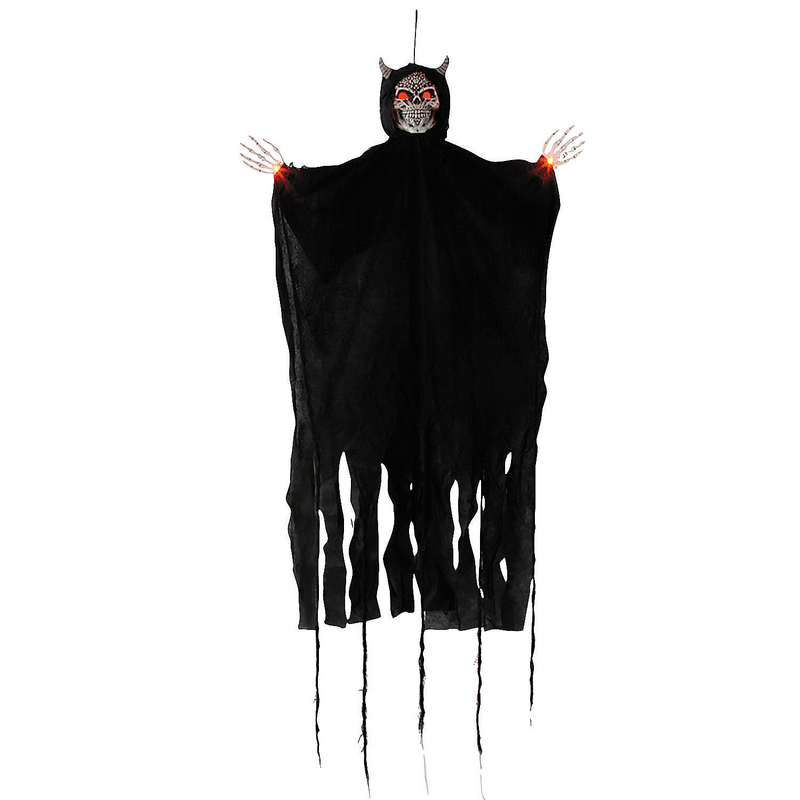 5 Ft. Hanging Light-Up Evil Skeleton with Horns - Halloween Decoration product image showing the design and