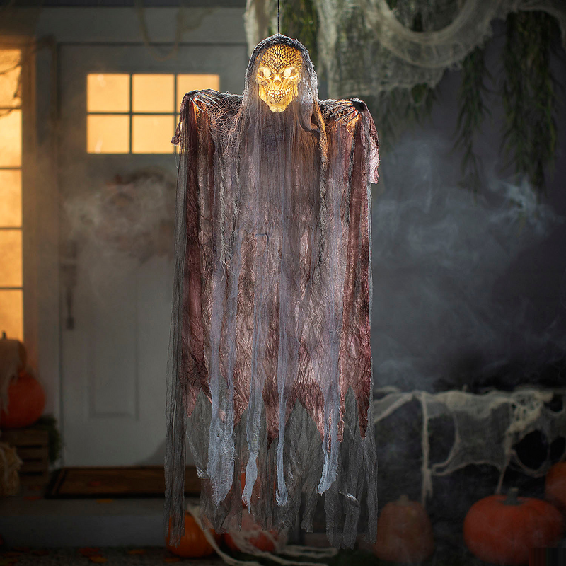 4 Ft. Hanging Orange Light-Up Skeleton Face Reaper - Halloween Decoration product image showing the design and