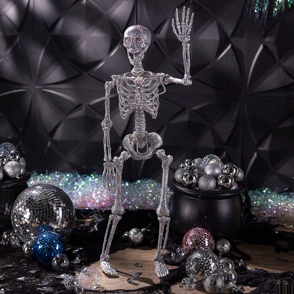 Decorative 35 1/2 Inch Hanging Silver Skeleton with Multicolor Jewelry for Halloween Parties and Spooky Celebrations