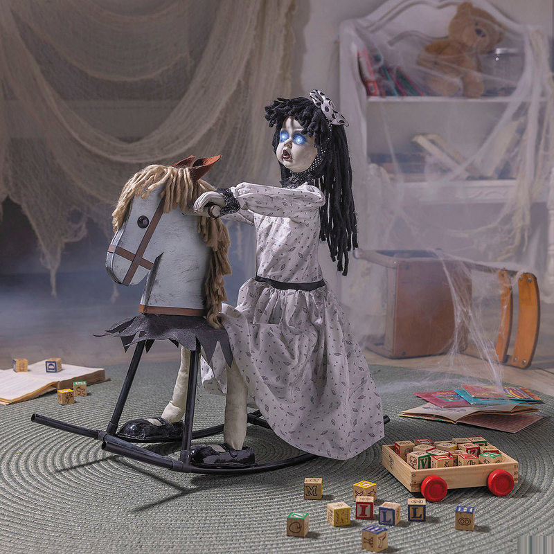 Unique Life-Size Girl on Wooden Rocking Horse Decoration for Halloween Themed Displays and Haunted House