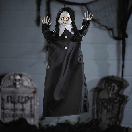27 1/2" Animated Hanging Cracked Face Doll with Black Dress Halloween Decoration