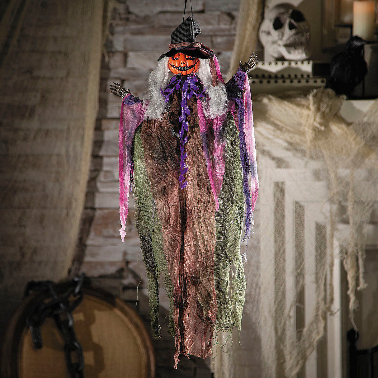 Eerie 23 1/2 Inch Hanging Pumpkin Head Witch Decoration for Halloween Parties and Yard Displays