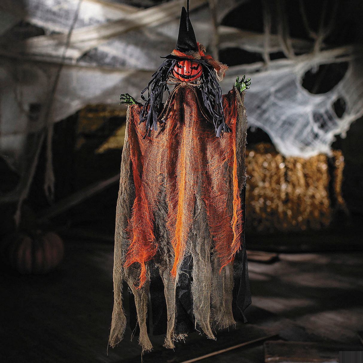 Hanging Pumpkinhead Scarecrow Decoration for Halloween Parties and Haunted House Displays