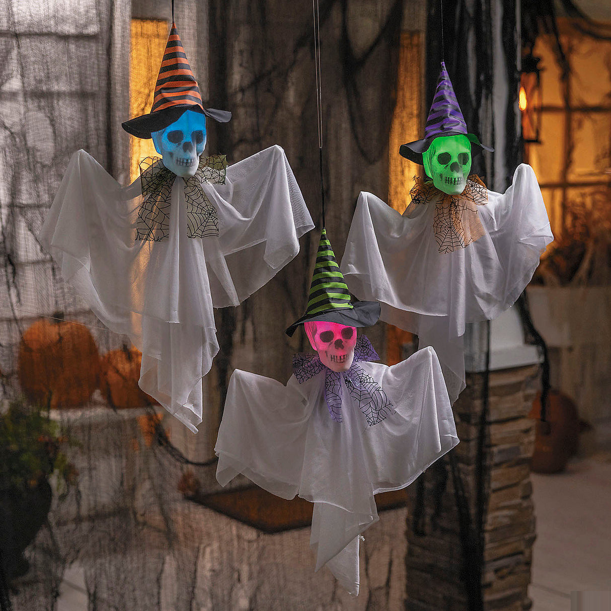 Spooky Hanging Light-Up Skeleton Face Ghost Decorations for Halloween Parties and Haunted House Displays