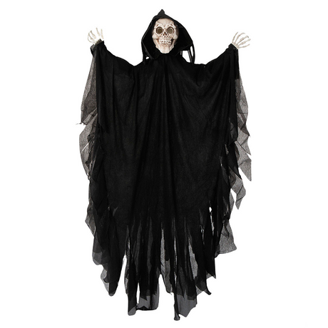 47 1/4" Animated Hanging Skeleton Reaper with Black Cloak Halloween Decoration