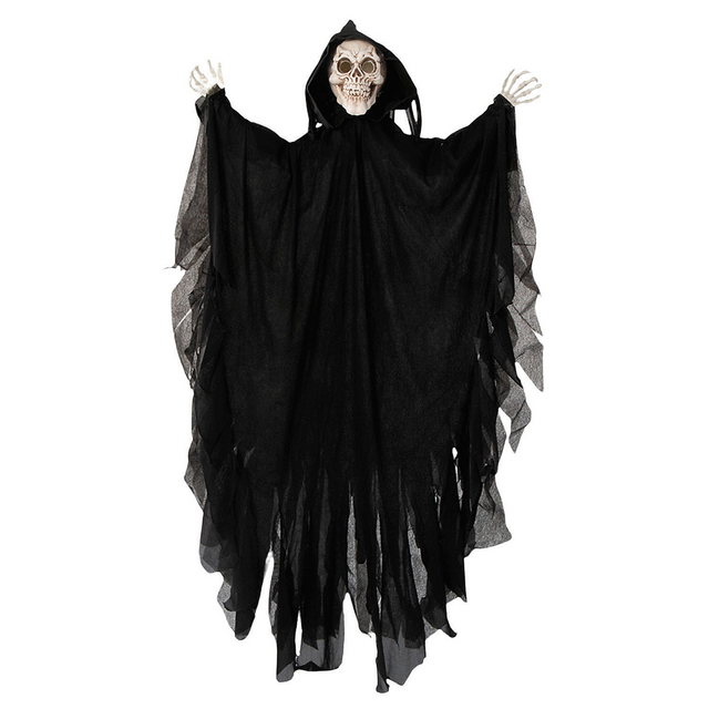 47 1/4" Animated Hanging Skeleton Reaper with Black Cloak Halloween Decoration
