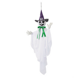 39 1/4" Animated Hanging Smiling Ghost with Witch Hat & Green Bow Halloween Decoration