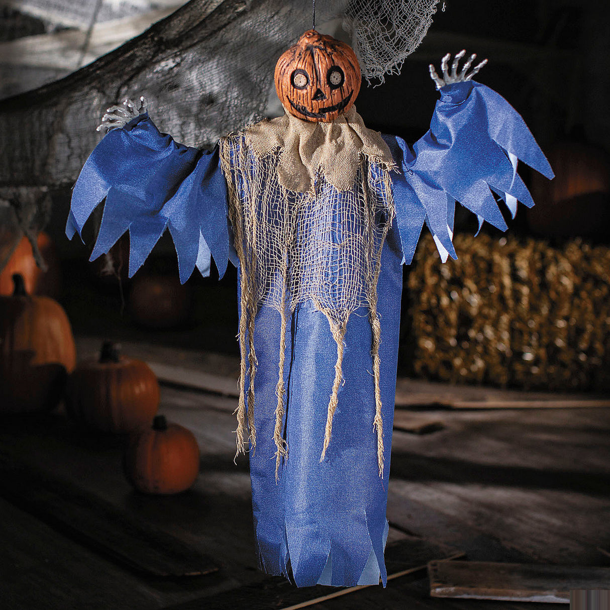 Hanging Blue and Burlap Pumpkin Man Decoration for Halloween Parties and Haunted House Displays
