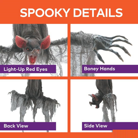 39 1/4" Animated Hanging Light-Up Upside-Down Gray Bat Halloween Decoration