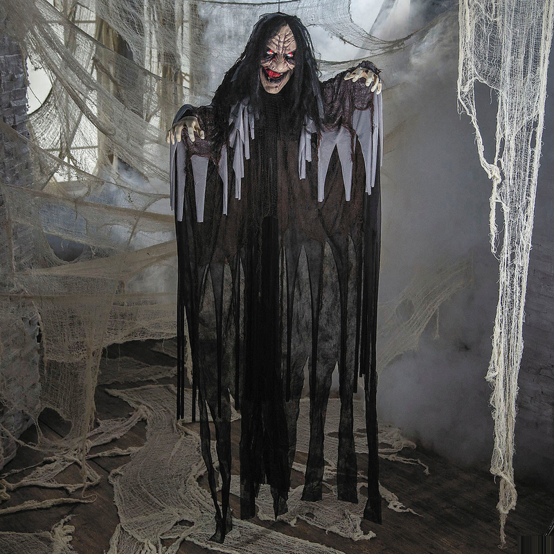 6 Ft. Talking Hanging Witch in Black Cloak with Light-Up Eyes Halloween Decoration
