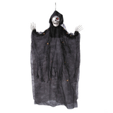 35 1/2" Hanging Light-Up Skeleton with Hooded Black Cloak Halloween Decoration