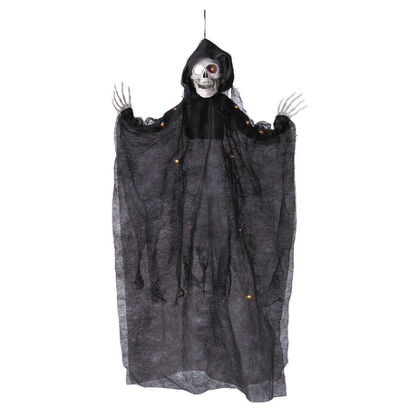 35 1/2" Hanging Light-Up Skeleton with Hooded Black Cloak Halloween Decoration