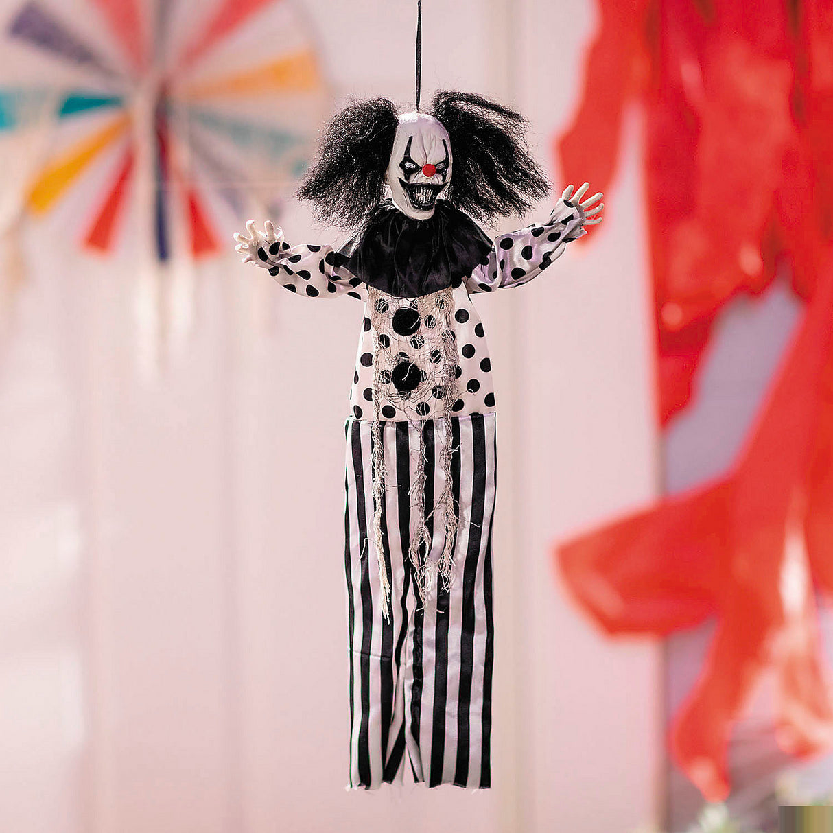 19 3/4 Inch Hanging Black and White Clown Decoration for Halloween Parties and Haunted House Displays