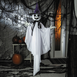 39 1/4" Animated Hanging Smiling Ghost with Witch Hat & Black Bow Halloween Decoration