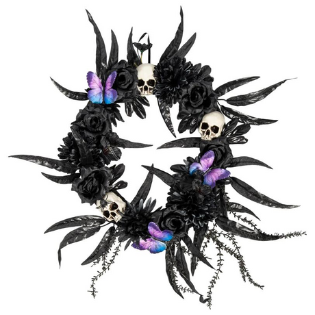 17 3/4" x 25 1/2" Dark Floral Wreath with Skulls, Spiders & Butterflies Halloween Decoration