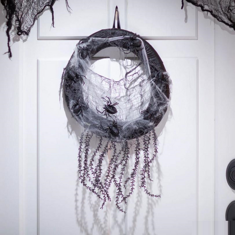 14 3/4" x 23 1/2" Black Wreath with Black Spiders & Spider Webs Halloween Decoration
