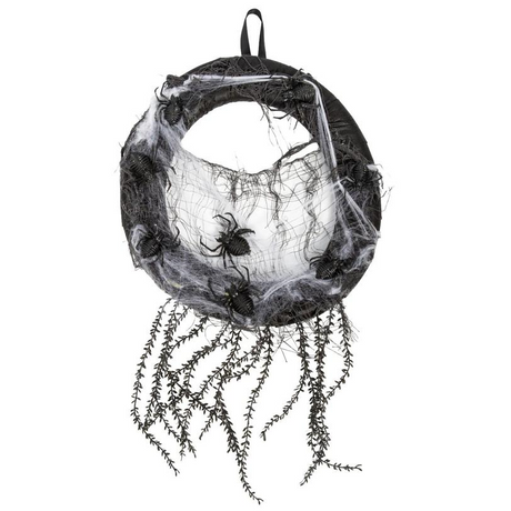14 3/4" x 23 1/2" Black Wreath with Black Spiders & Spider Webs Halloween Decoration
