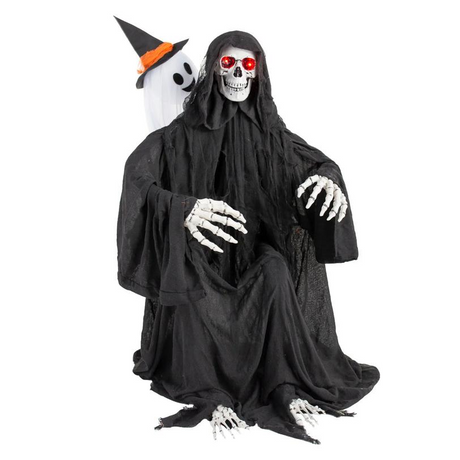 47" Animated Hide & Seek Ghost with Light-Up Sitting Skeleton Reaper Halloween Decoration