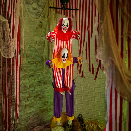 4 Ft. 5" Animated Hanging Clowns on a Swing with Sound Halloween Decoration