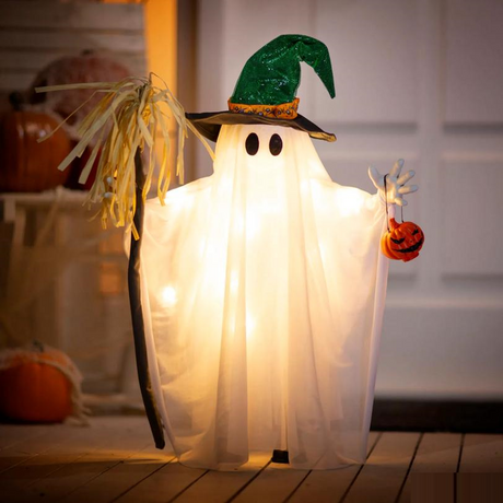 29" Light-Up Standing Ghost with Witch Hat & Broom Halloween Decoration