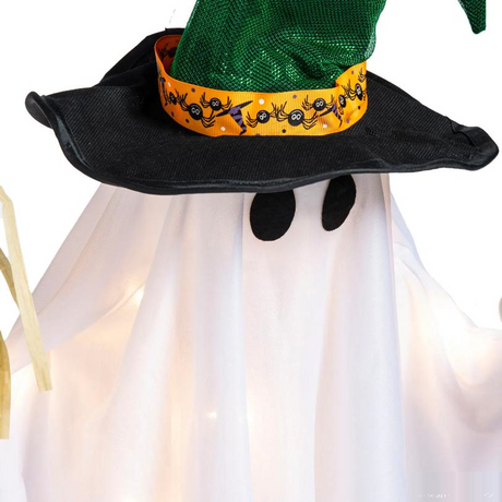 29" Light-Up Standing Ghost with Witch Hat & Broom Halloween Decoration