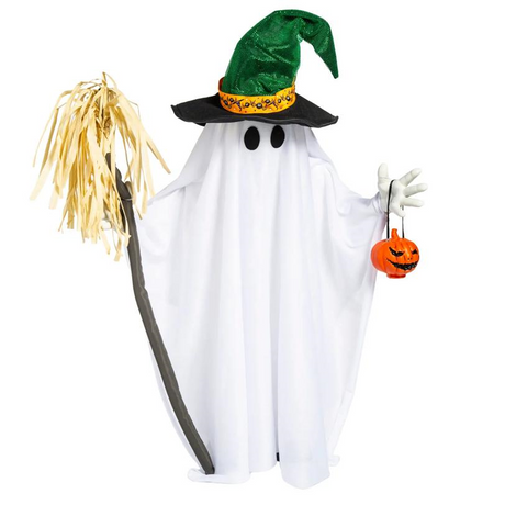29" Light-Up Standing Ghost with Witch Hat & Broom Halloween Decoration