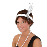Adults White Flapper Headband with Feathers Costume Accessory