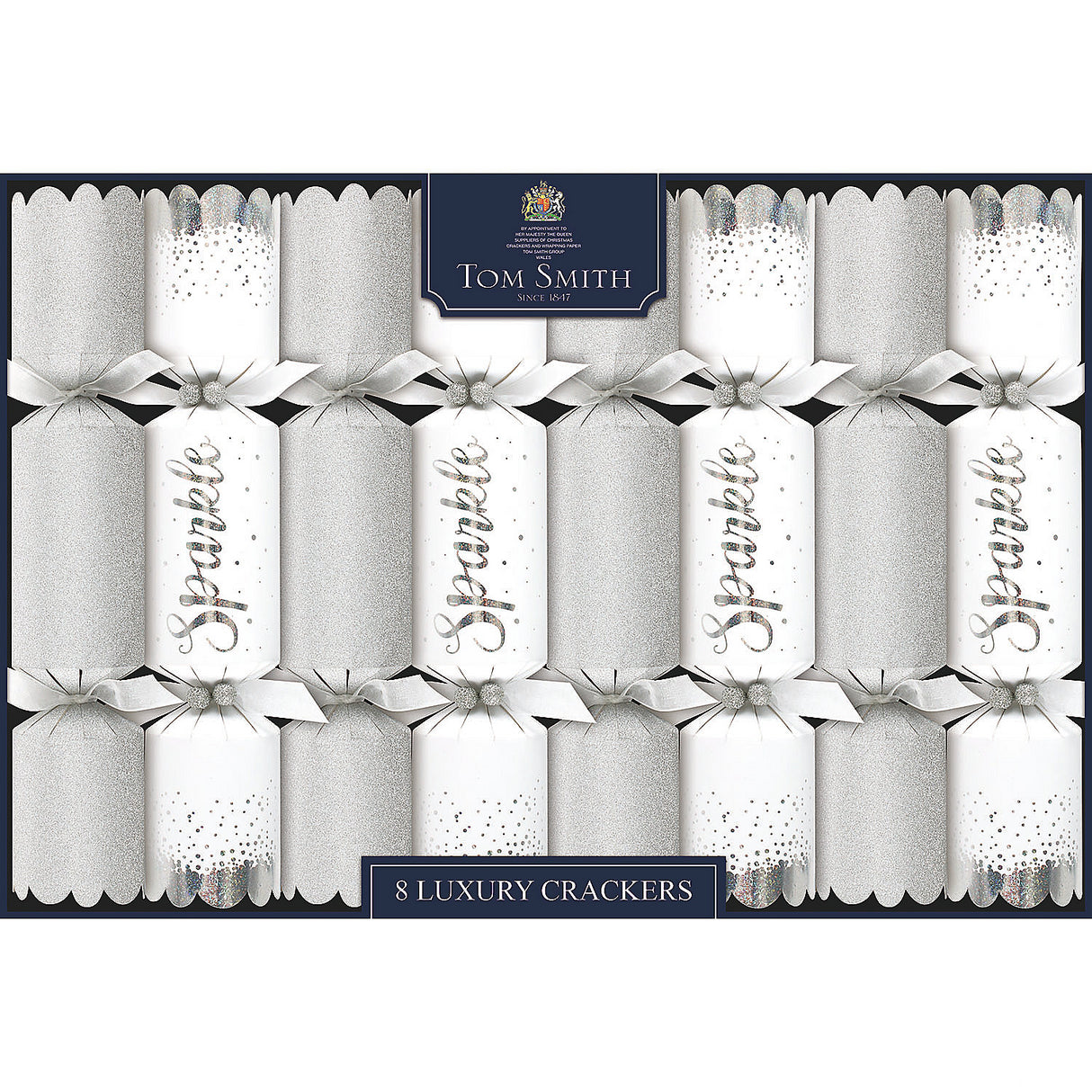 8 Tom Smith Silver and White Sparkle Luxury Christmas Crackers for Festive Celebrations and Holiday Parties