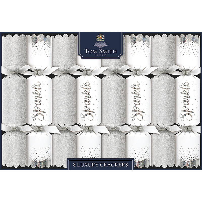8" Tom Smith Silver & White Sparkle Luxury Christmas Party Crackers - 8 Pc.