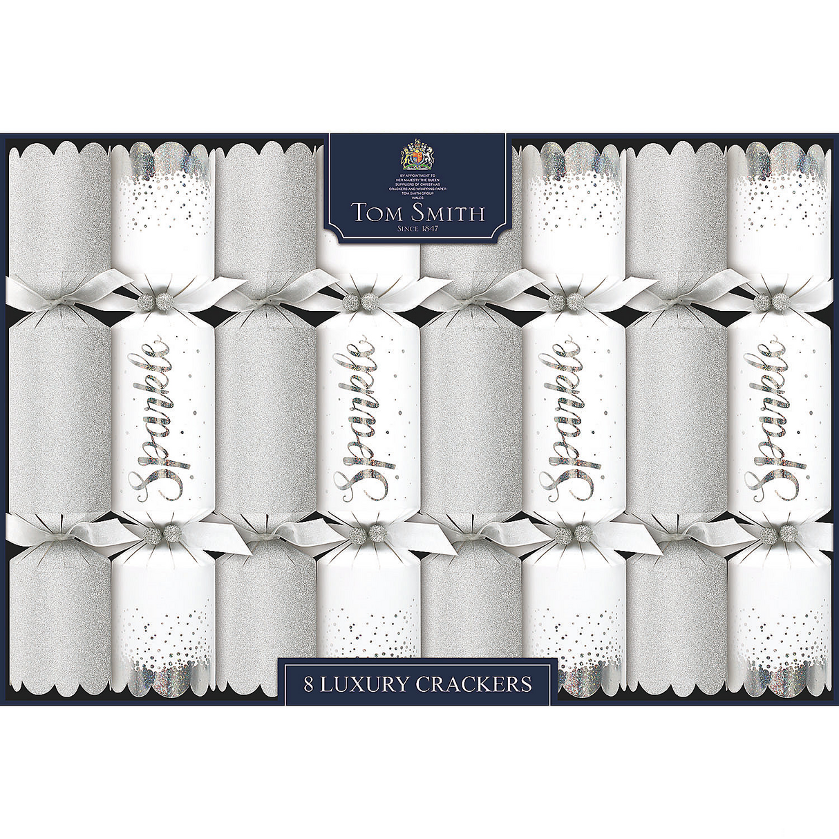 8" Tom Smith Silver & White Sparkle Luxury Christmas Party Crackers - 8 Pc.