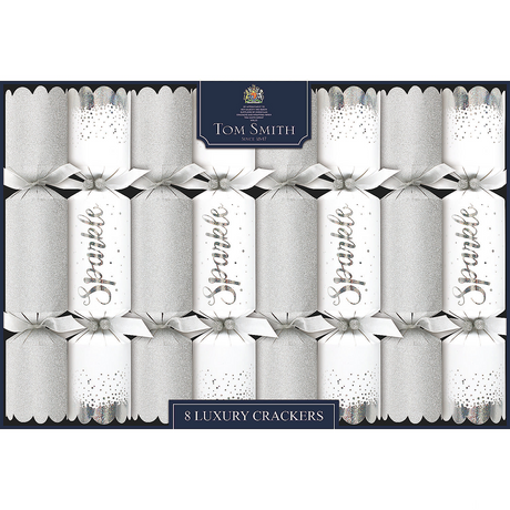 8" Tom Smith Silver & White Sparkle Luxury Christmas Party Crackers - 8 Pc.