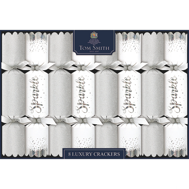 8" Tom Smith Silver & White Sparkle Luxury Christmas Party Crackers - 8 Pc.