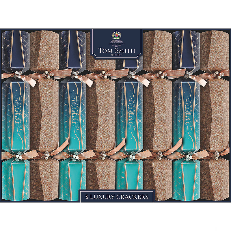 8" Tom Smith Blue & Gold Celebrate Luxury Christmas Party Crackers - 8 Pc.