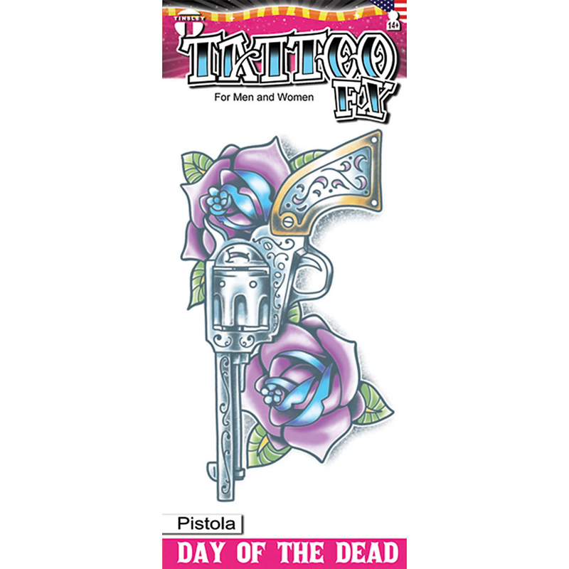 High Quality Tinsley Transfers Day of the Dead Pistola Temporary Tattoo for Halloween Parties and Themed Dress Up Events