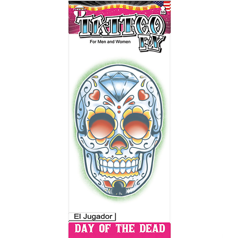 Festive Day of the Dead El Jugador Temporary Tattoo for Halloween Parties and Celebrations