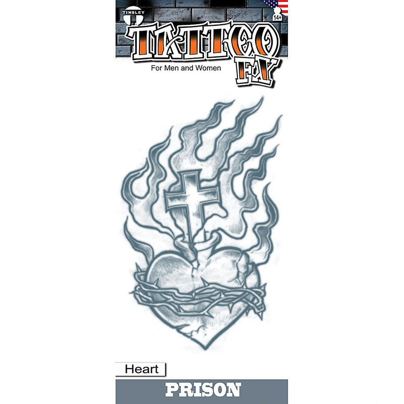 Prison Heart with Cross Temporary Tattoo - Fiery Design with Symbolism product image showing the design and