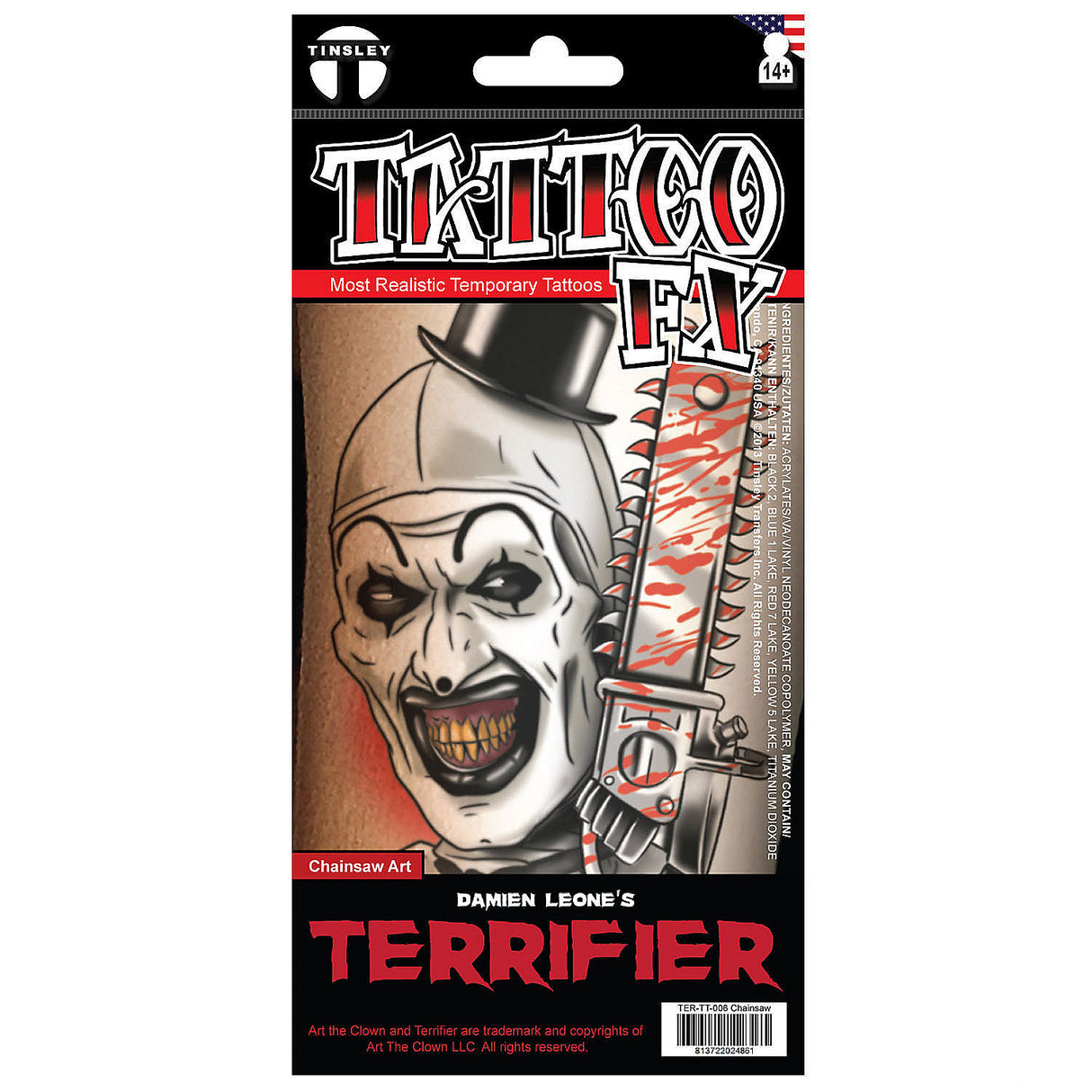 Terrifier Art the Clown Chainsaw Temporary Tattoo for Halloween Costumes and Scary Parties
