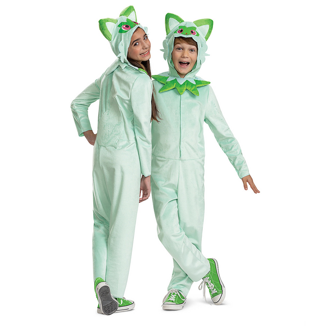 Kids Classic Pokemon Sprigatito Hooded Jumpsuit Costume