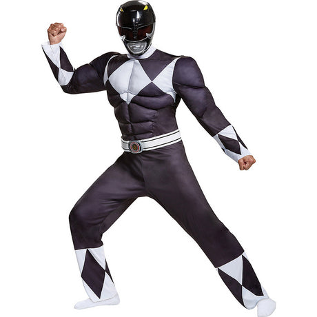 Classic Black Ranger Muscle Adult Costume for Halloween Parties and Power Ranger Themed Events