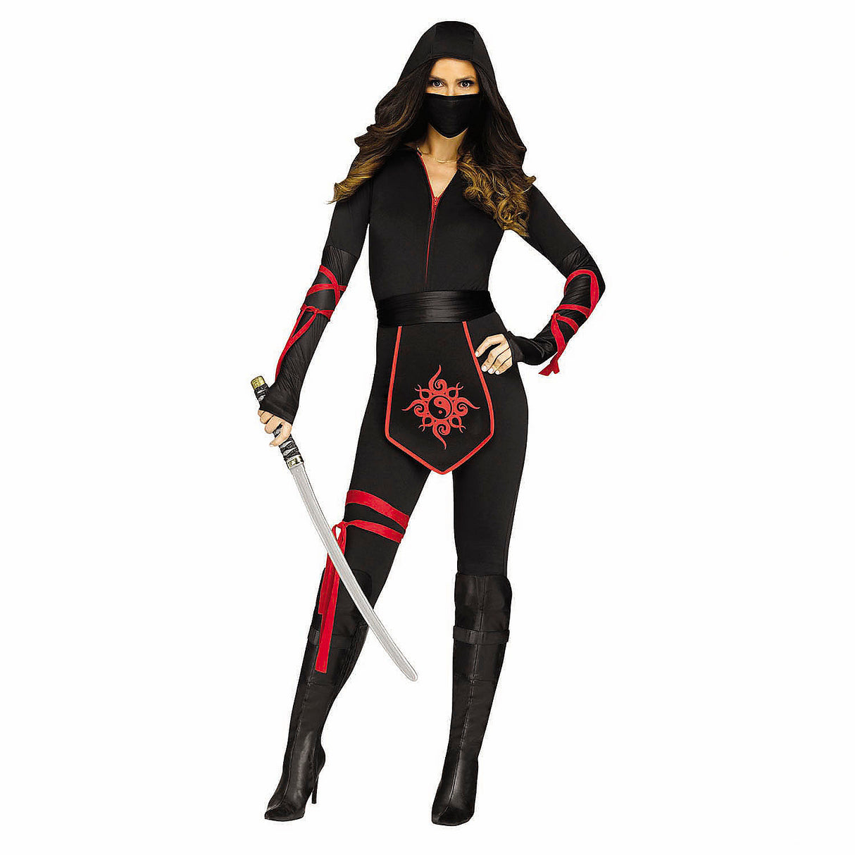 Exciting Adults Red and Black Sexy Ninja Warrior Jumpsuit Costume for Themed Parties Cosplay and Halloween Events