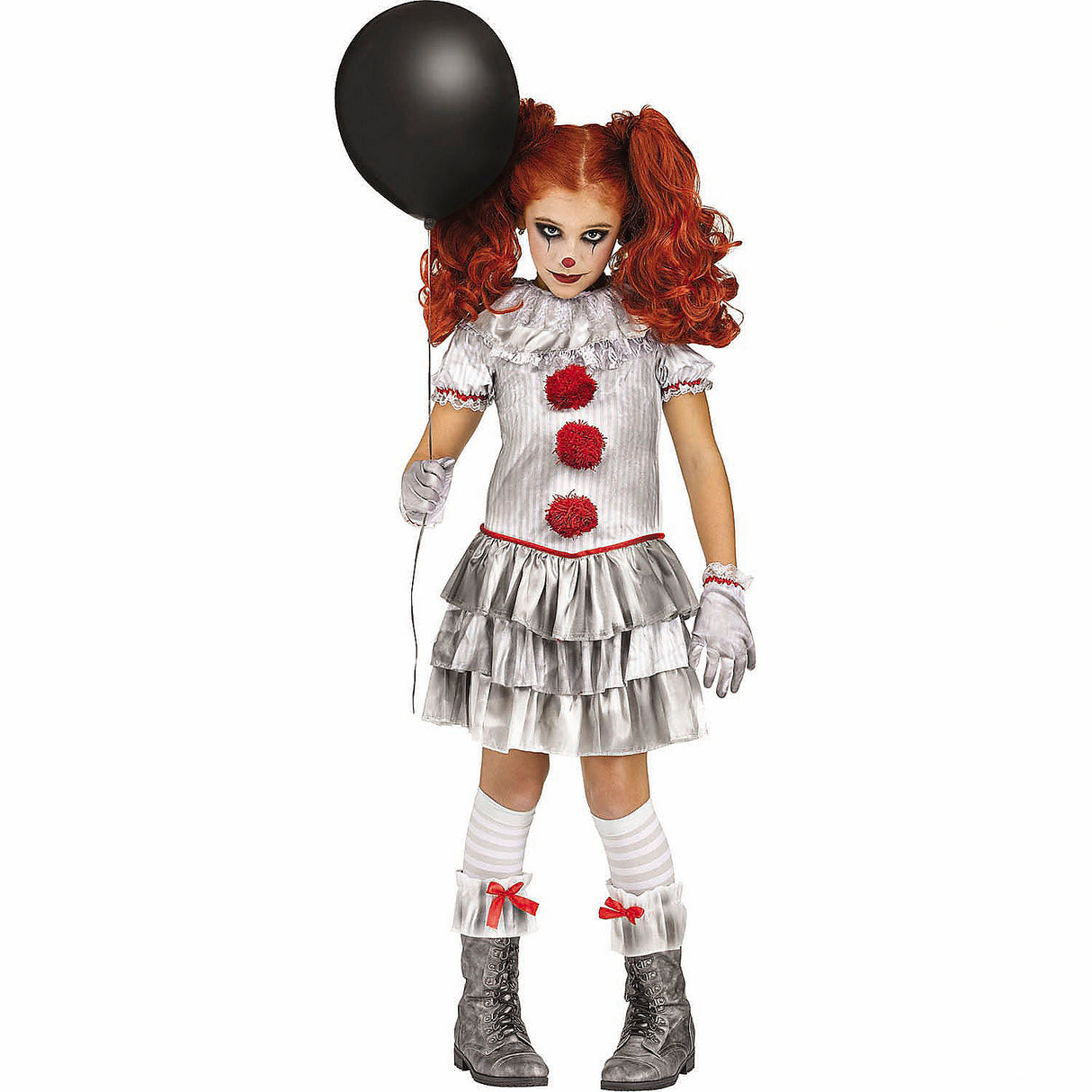 Creepy Girls Gray Red and White Carnevil Clown Costume for Halloween Parties and Themed Events