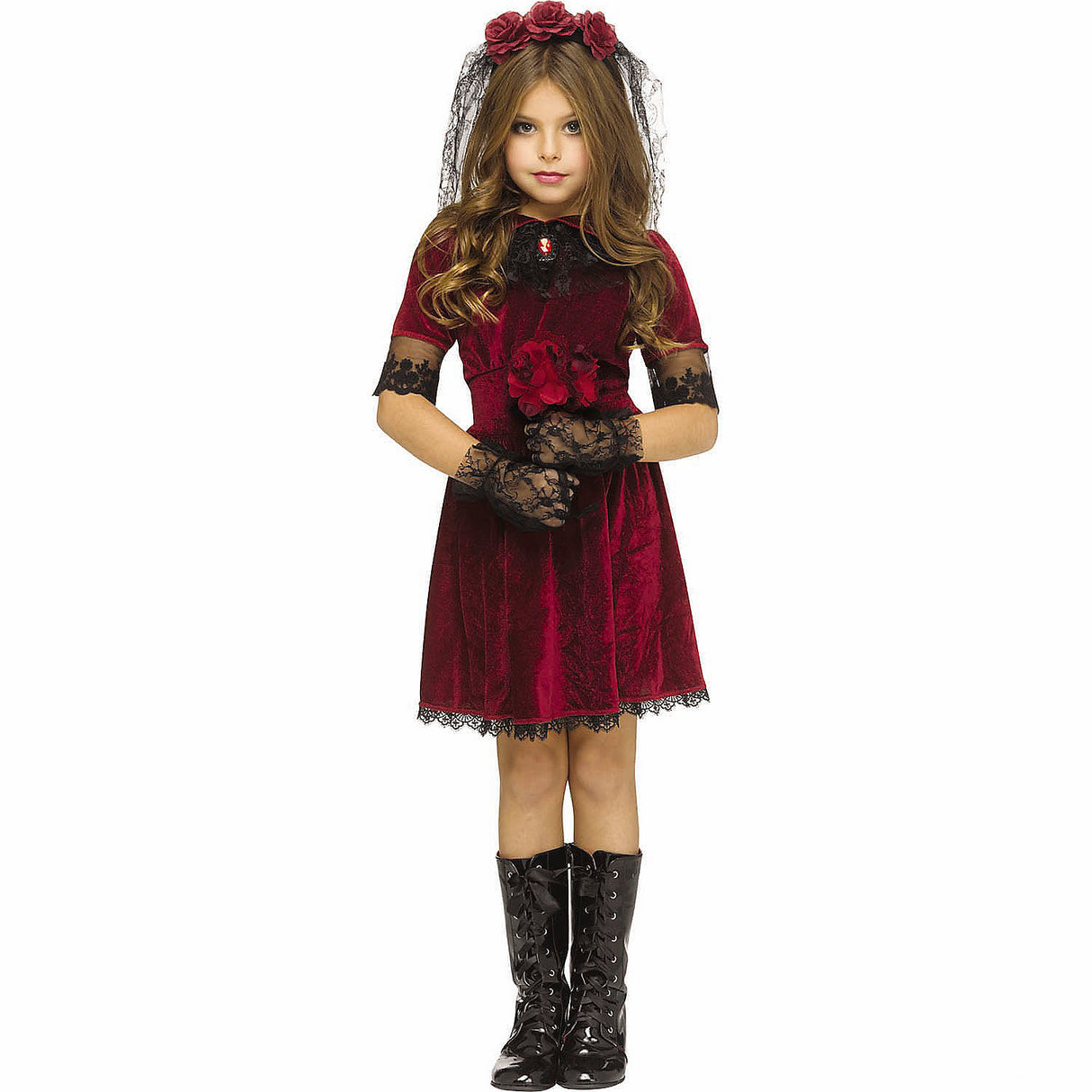Elegant Girls Red and Black Dress Gothic Bride Costume for Halloween and Themed Dress Up Events