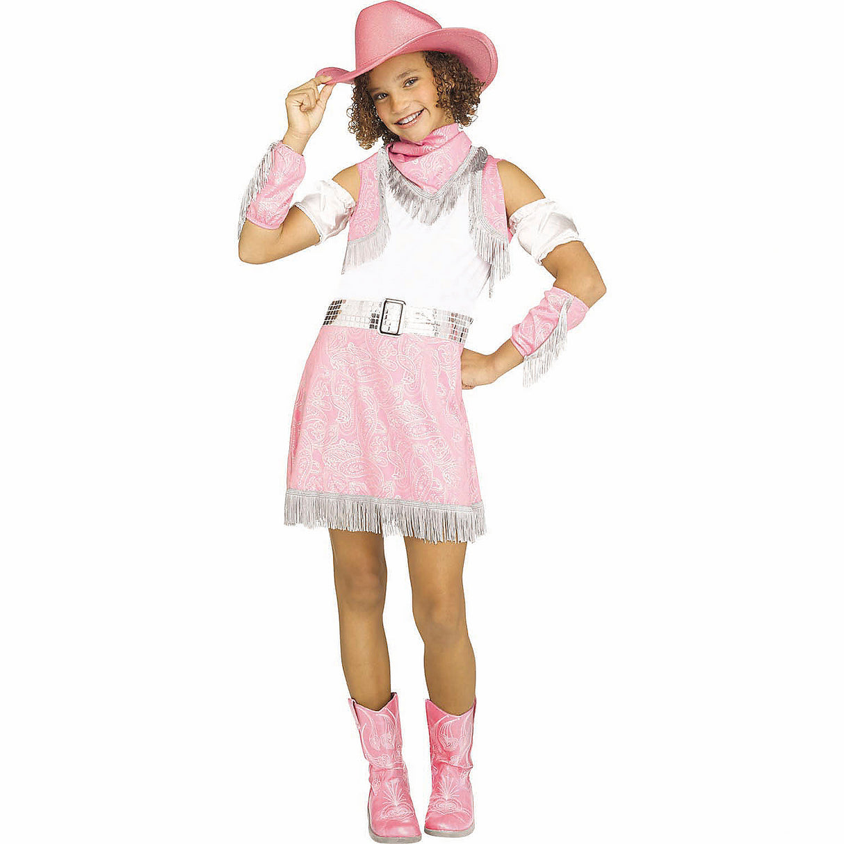 Girls Pink White and Silver Dress Sparkle Cowgirl Costume for Halloween Western Theme Parties Dress-Up Events