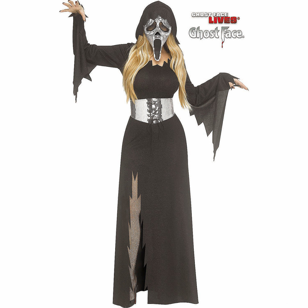 Sparkling Ghost Face Hooded Gown Costume for Halloween Parties Events and Spooky Celebrations