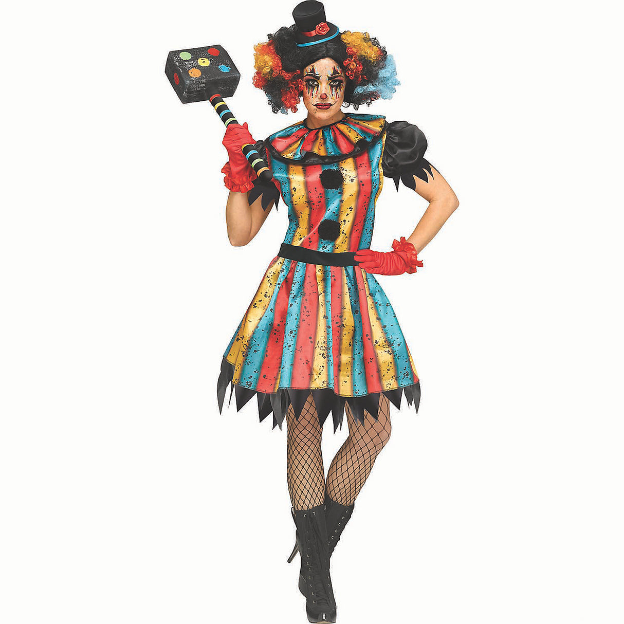 Womens Multicolored Carny Clown Costume for Halloween Parties and Spooky Events