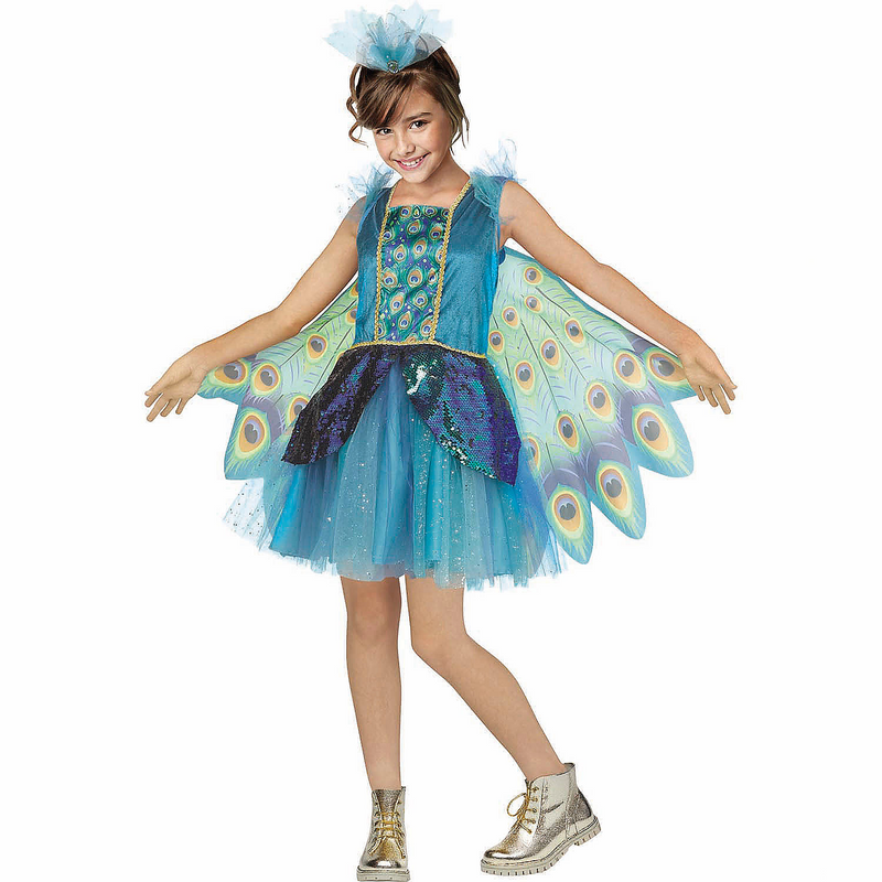 Kids Peacock Dress Costume with Wings - Large 12-14