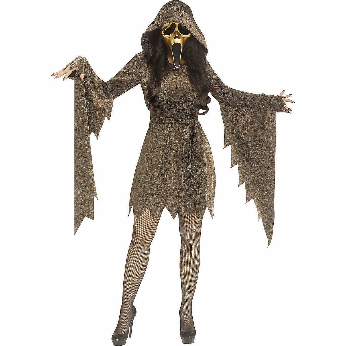 Stylish Adults Ghost Face Shimmer Gold Hooded Dress Costume for Halloween Parties and Costume Events